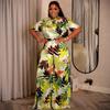 European and American Short-sleeve Printed Lace-up Slim Fit Top for Women, African New High-waisted Wide-leg Pants Set