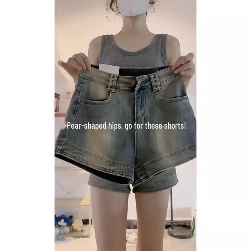 

American Retro Spicy Girl High Waist Denim Shorts, Plus Size A-line Hot Pants for Women, Slimming Summer 2025 Collection. XS (for 35-40 kg)