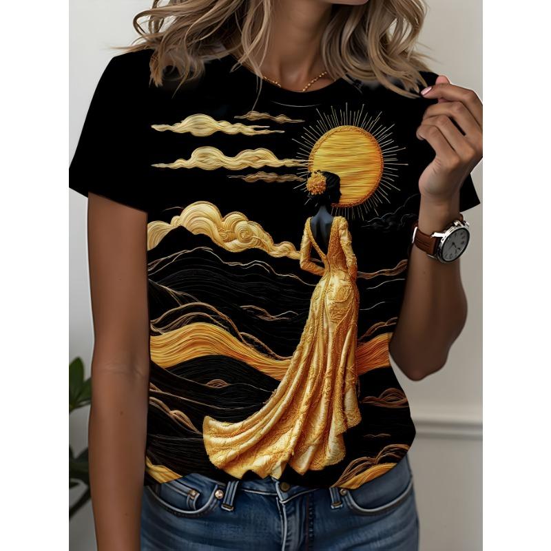 Chinese Style Golden Embroidered Figure Printed T-shirt, Retro Artistic Sense S