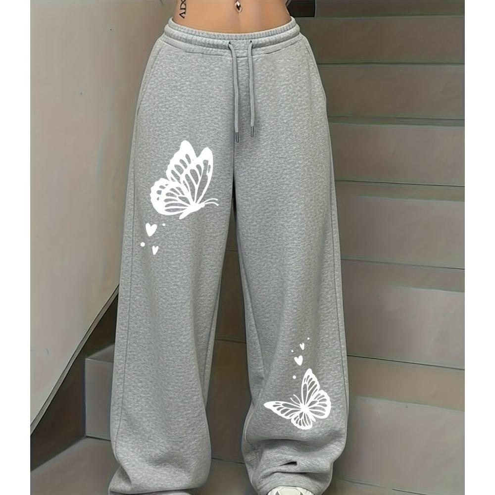 Sportbroek met vlinderprint, met trekkoord en elastische tailleband, Amerikaanse casual trend, rechte damesbroek