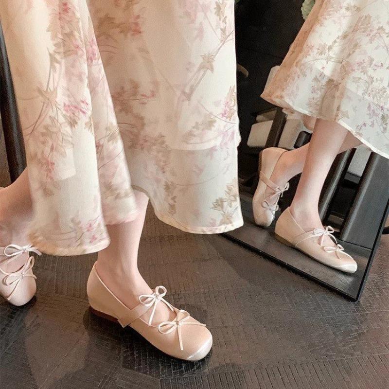 Fashion Flat Inside Heightener Single Shoes Autumn New Square Toe Shallow Bow One Strap Soft Sole Non-Slip Low Top Shoes