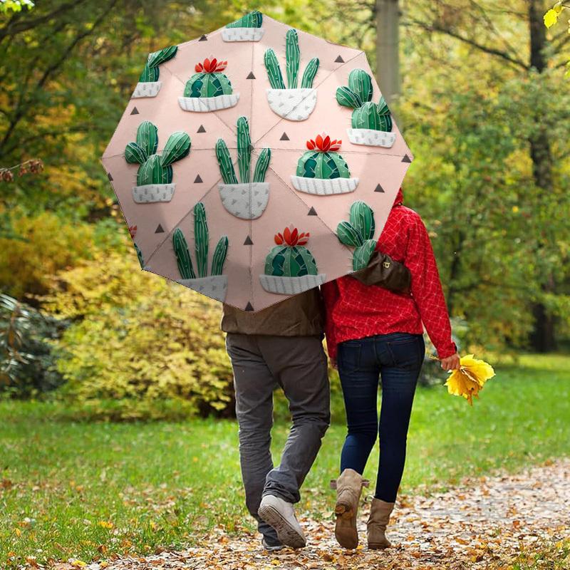 1pc Cactus Pattern Automatic Folding Umbrella, Heavy Duty 8 Rib Iron Frame,  Suitable for Travel, Daily Use, Birthday, Decor Gift  65
