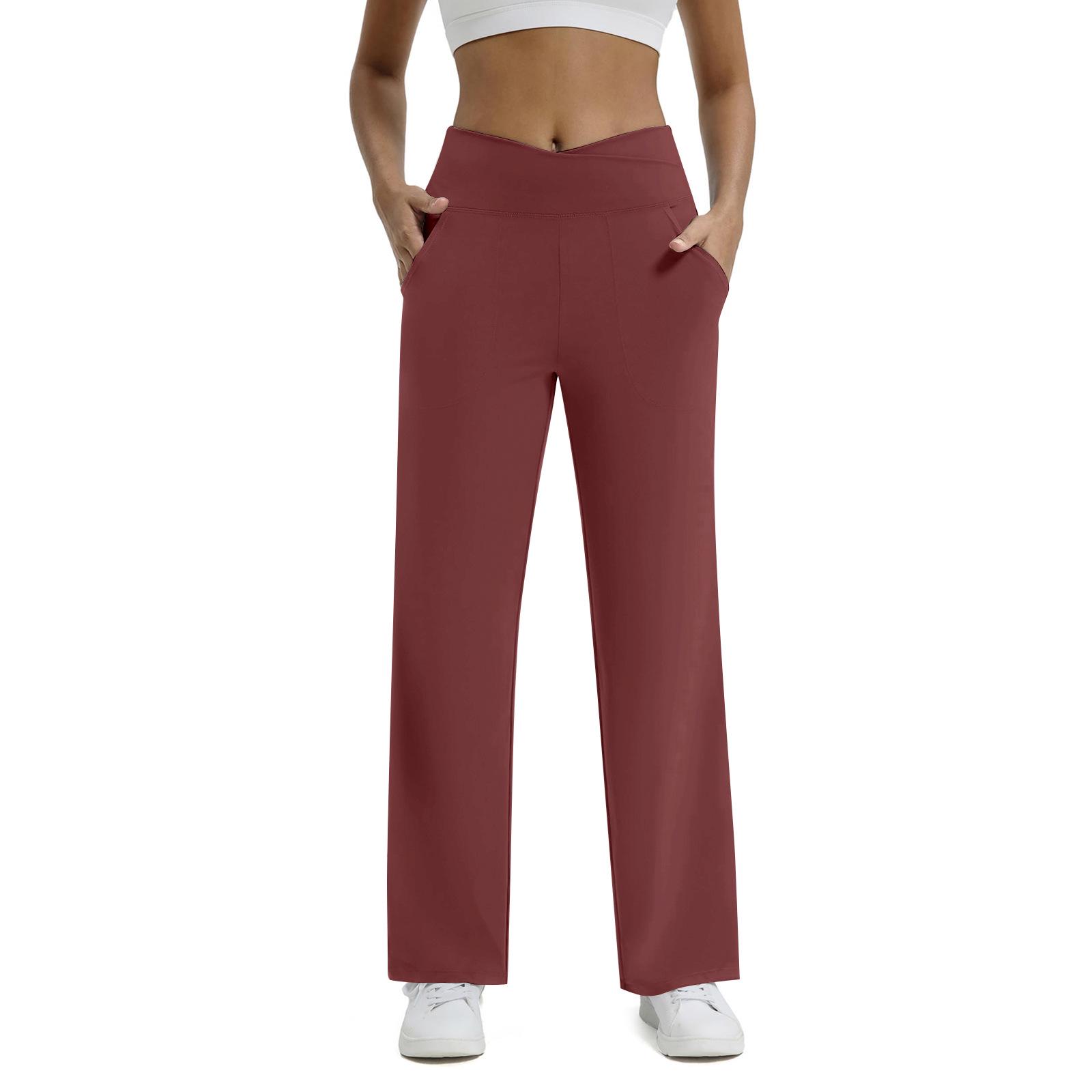 

Women s V-Waist Crossover Wide-Leg Yoga Pants with Pockets - Transparent Long Fitness & Casual Pants Medium кирпич красный