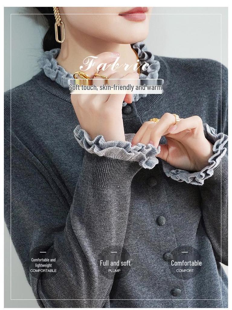 Retro Chic Merino-Woll-Cardigan mit Rüschenkragen und 3D-Blumendesign