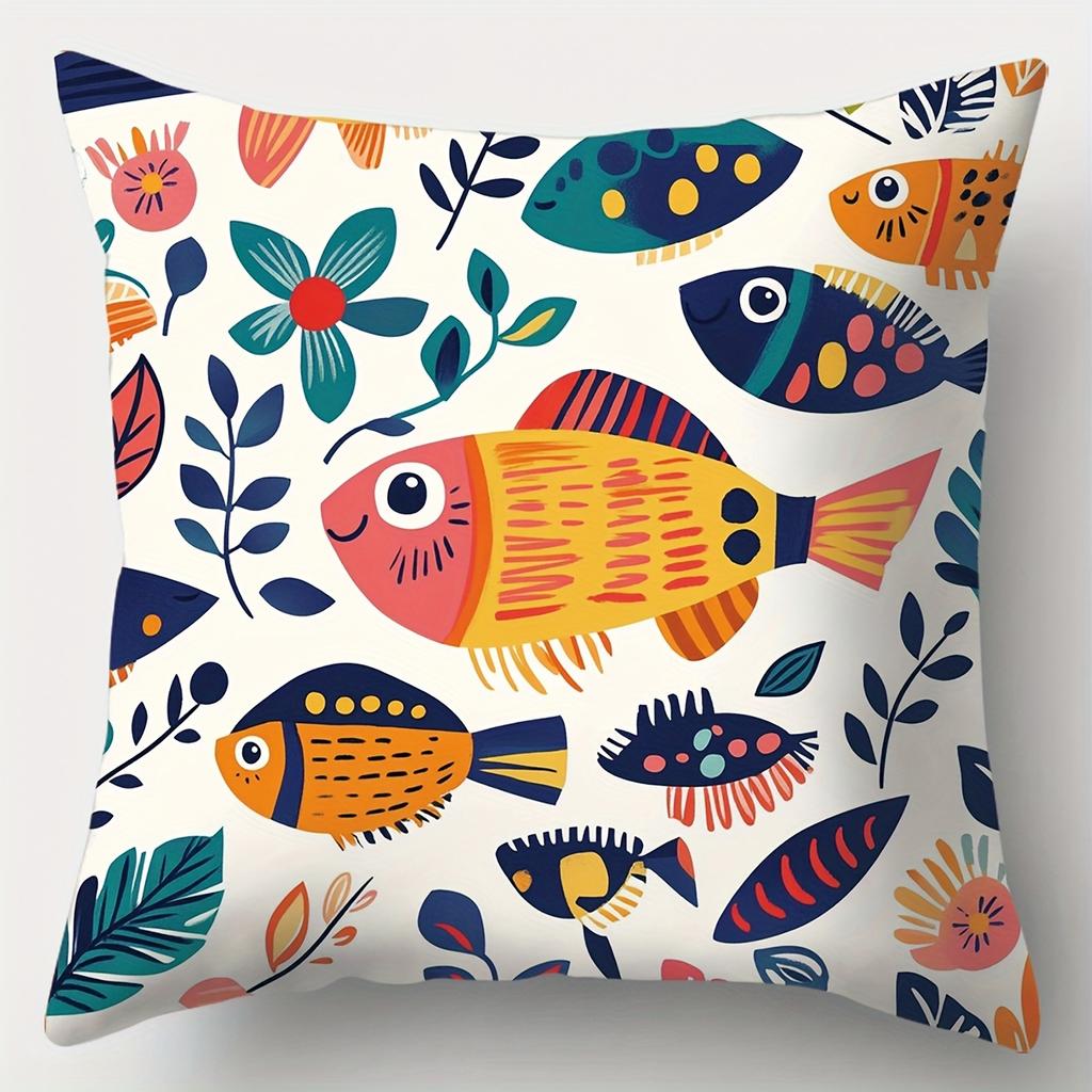 Colorful Fish Throw Pillow Covers, Tropical Double-Sided Printed Cushion Cases, Coastal Beach Decor For Bedroom Living Room