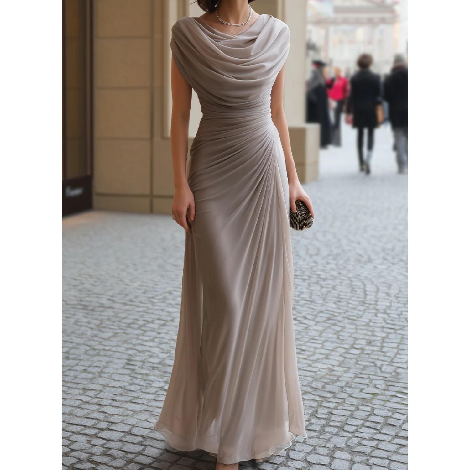 Women s Cowl Neck Sleeveless Maxi Dress Slim Fit Elegant Ruched Formal Evening Gown S