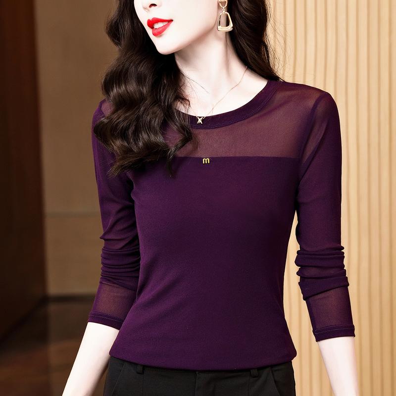 Herbst Neues Einfaches und Vielseitiges T-Shirt, Dünnes Langarm-Oberteil, Hemd im Ausländischen Stil, Pullover Mesh Unterhemd