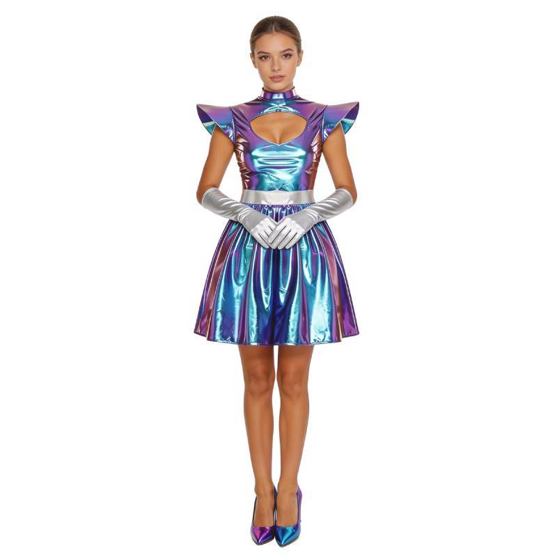 Scifi Space Themed Cosplay Gown With Metallic Finish For Halloween And Events