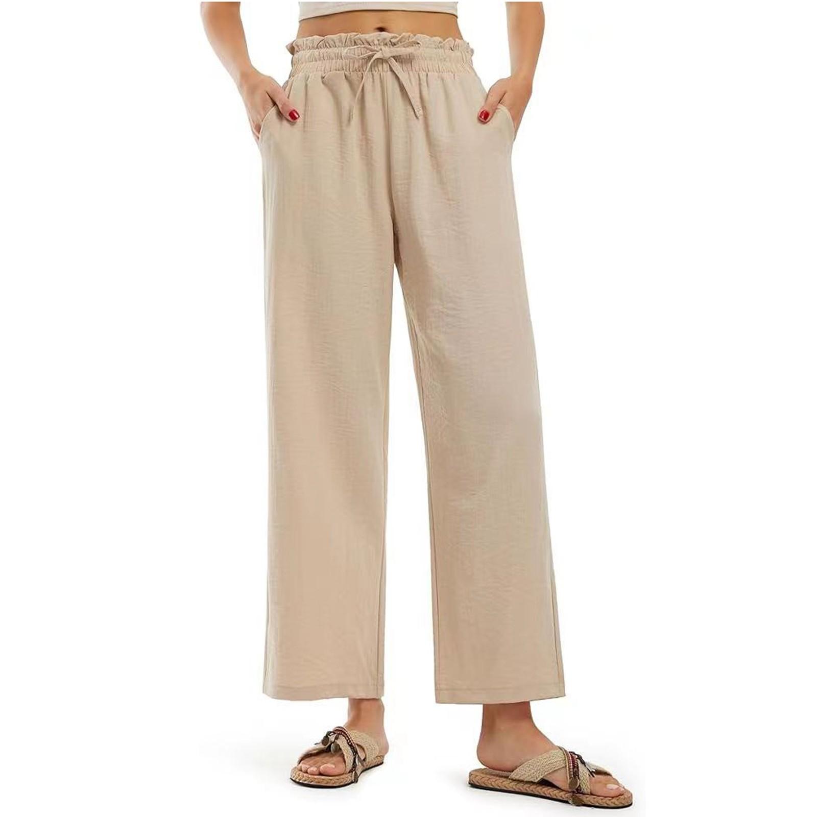 

Women s Fashion Solid Color Cotton Hemp Loose Drawstring Pleated Pocket Wide Leg Pants Casual Pants S бежевый