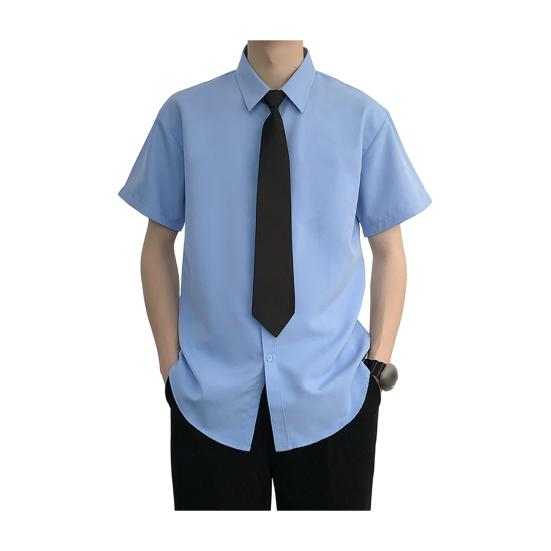 

Весенняя мужская рубашка с галстуком в деловом школьном стиле для молодых мужчин, однобортная рубашка с длинными/короткими рукавами, свободная рубашка средней длины, однотонная, официальная рубашка S