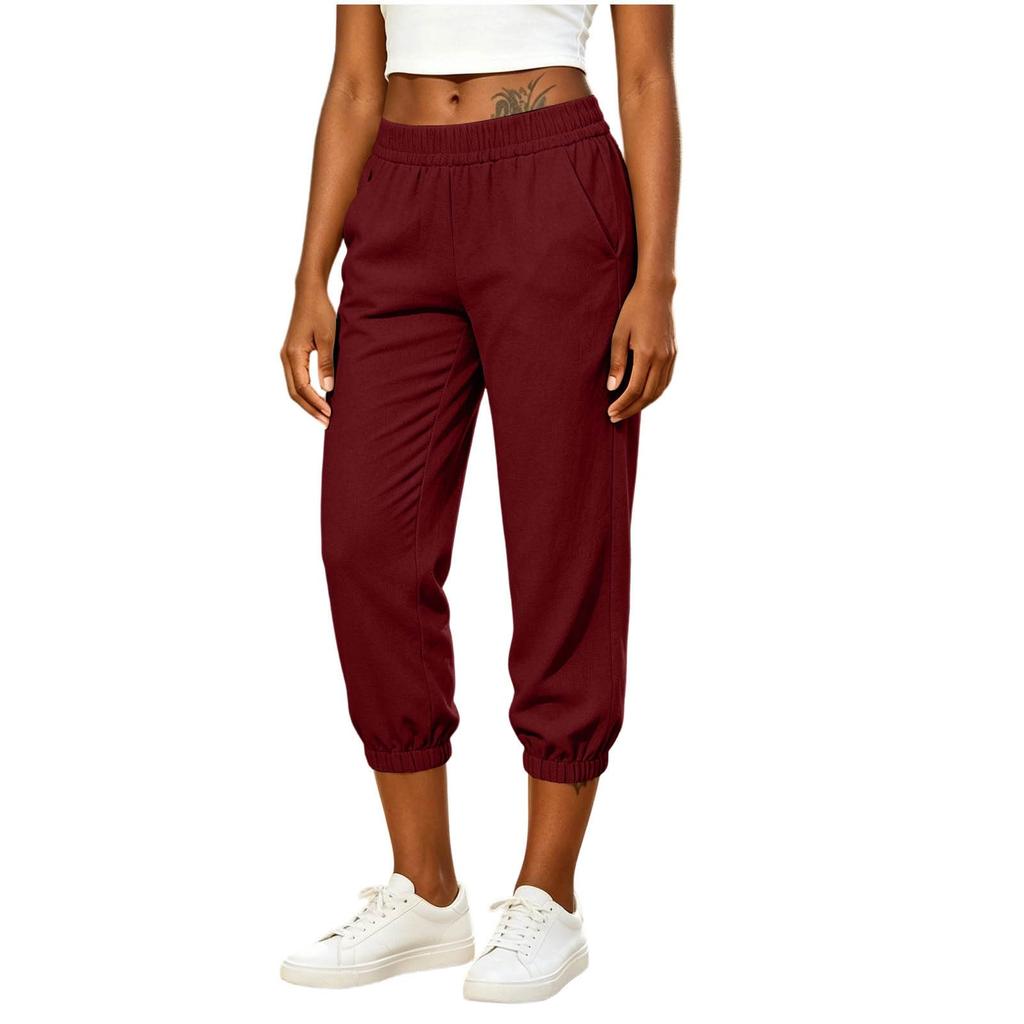 Women Loose Fit Drawstring Waist Casual Pants with Pockets Elastic Ankle Cuffs Cotton Linen for Everyday Wear