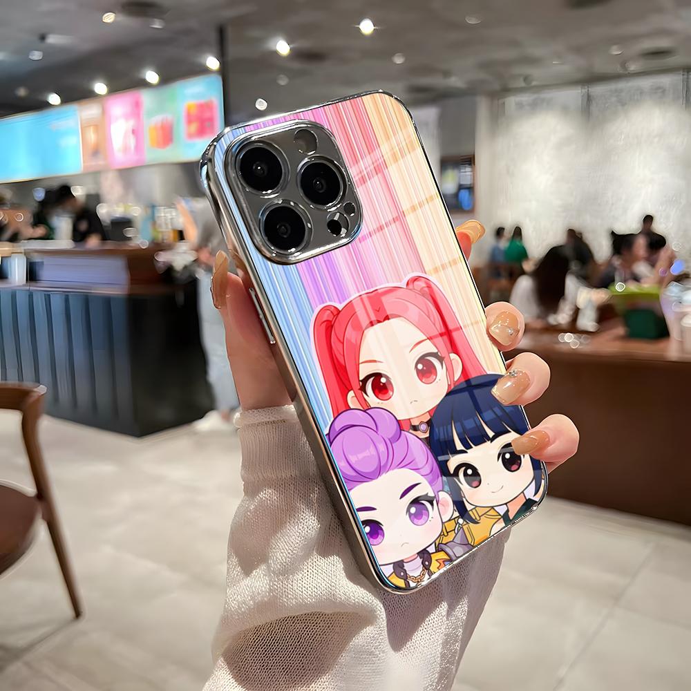 KPop D-Demons Hunters Phone Case For IPhone 17 Pro Max 15 Pro 16 14 Plus 12 13 Mini 11 Pro Shockproof Electroplated Glass Cover iPhone 16 Pro Max