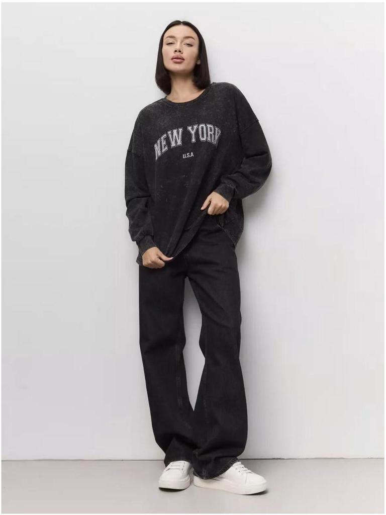 Vintage European-American Style Black Cotton Print Long Sleeve Slimming T-Shirt for Women