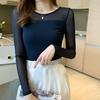 Lace Lined Undershirt T-shirt Women's Spring and Autumn Outfit Long Sleeved Black Slim Fit Slimming Effect Mesh Trendy