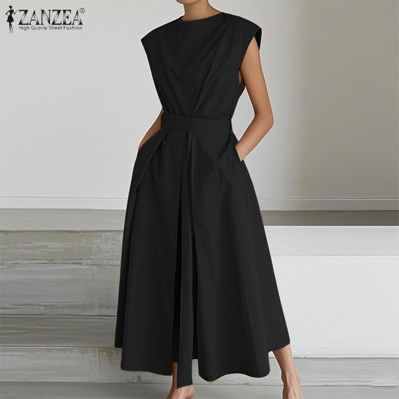ZANZEA Women Casual Round Neck Summer Sleeveless Long Dress