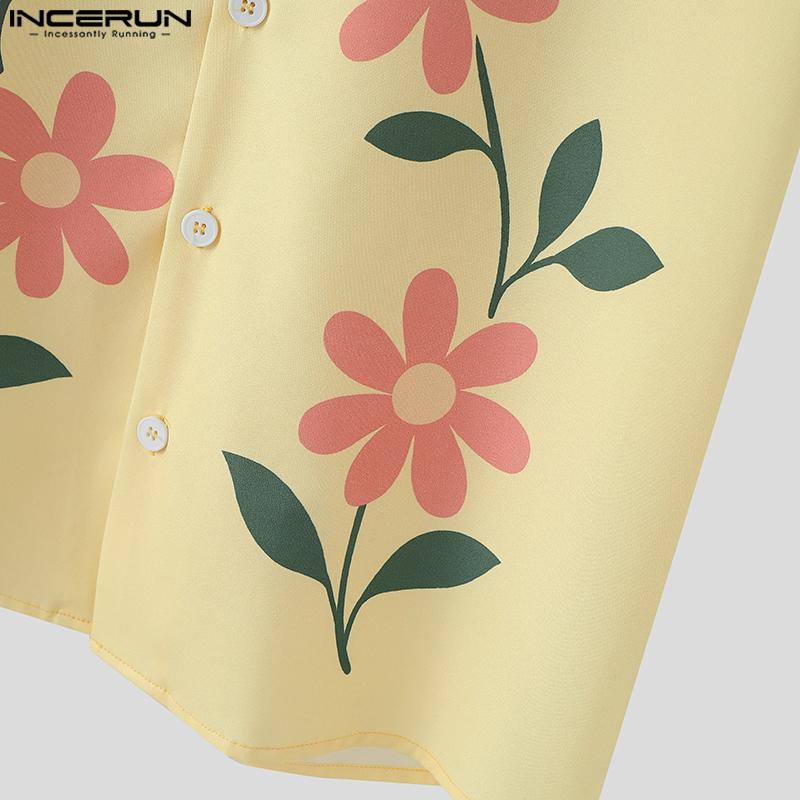 INCERUN Men Lapel Neck Short Sleeve Button Down Floral Print Stitching Casual Shirts Tops