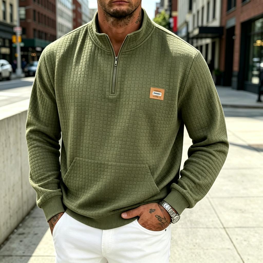 Men's Stand Collar Half Zip Sweatshirt, Fall Winter Thick Plaid Casual Jacket