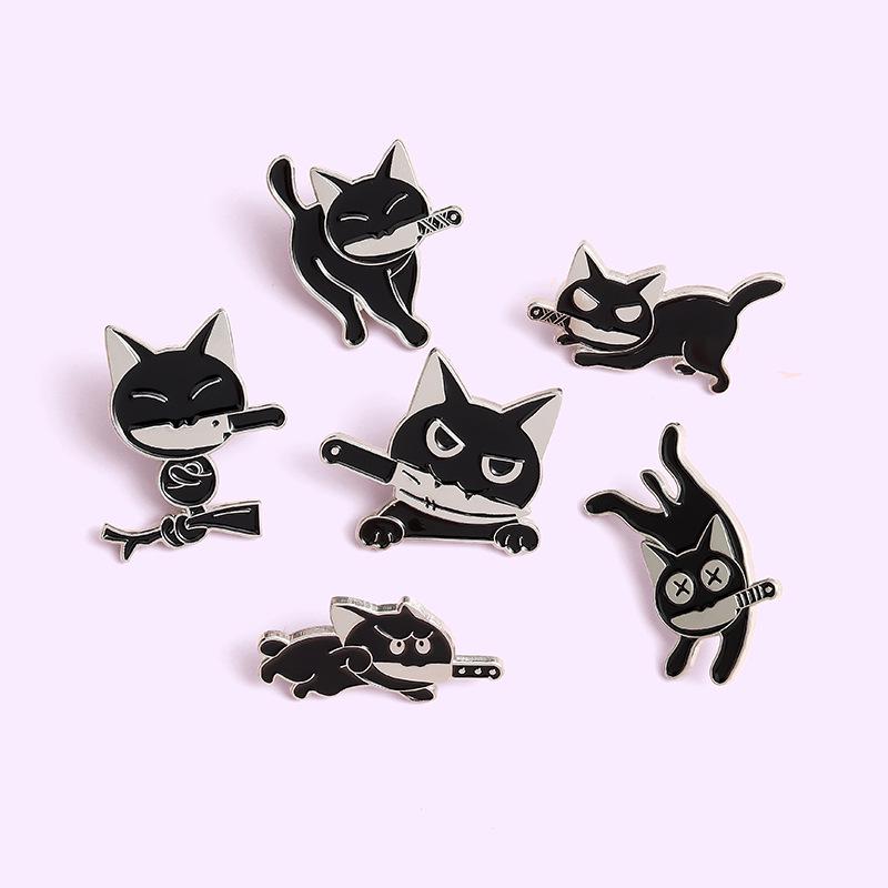 Playful Black Cat Brooch with Knife Design – Unique Animal Accessory