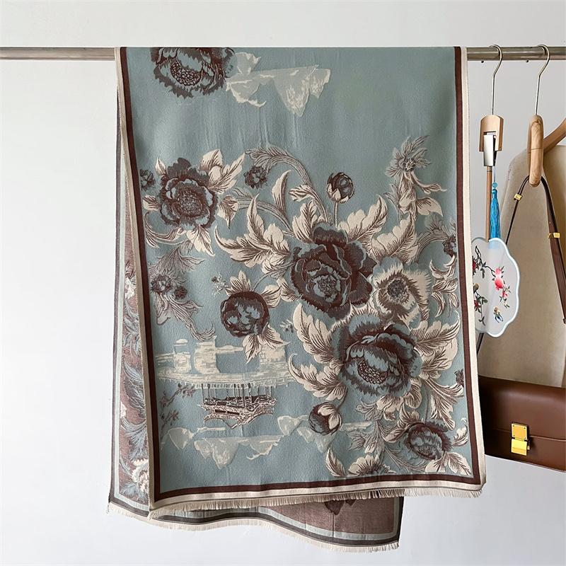 Winter New Luxury Deisgn Imitated Cashmere Scarf Women Floral Print Outdoor Keep Warm Thick Shawl Soft Large Scarf Lady