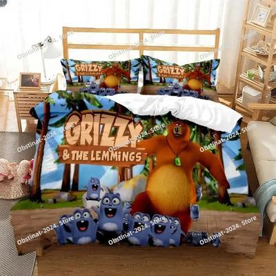 Set Biancheria da Letto Cartone Animato Anime Grizzly & I Lemming con Federa Copripiumino Letto Morbido Singolo Matrimoniale Queen Super King Size