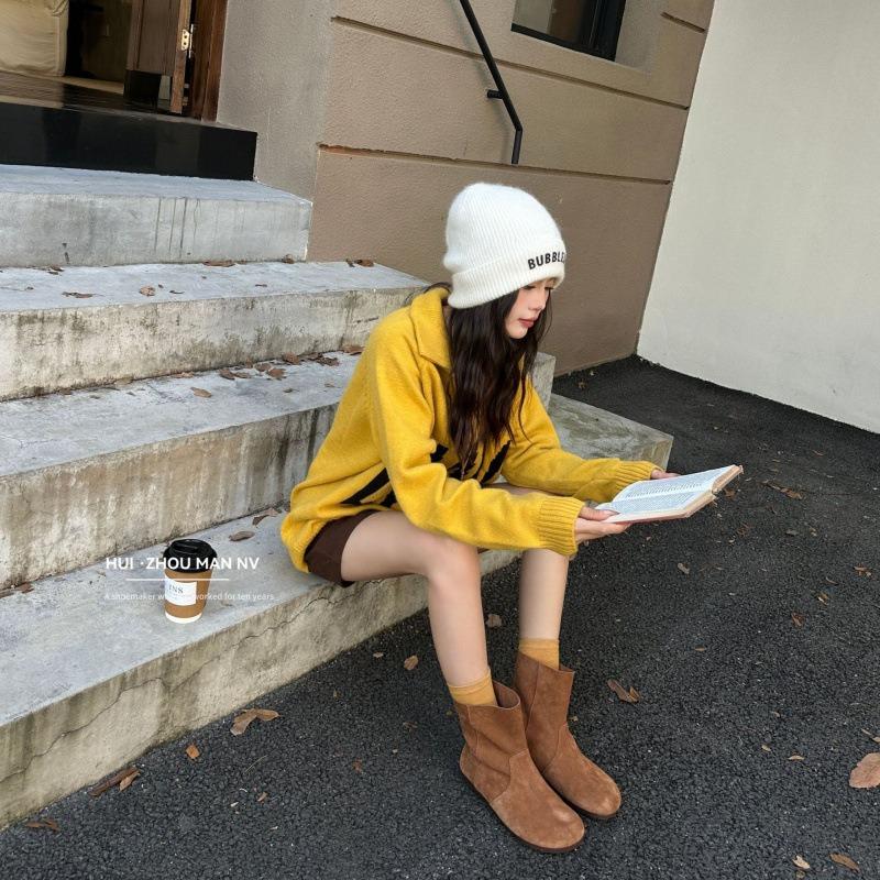 The first layer of cowhide~ genuine leather retro matte round-headed short boots women's soft-soled boots two wear flat-bottomed Martin boots