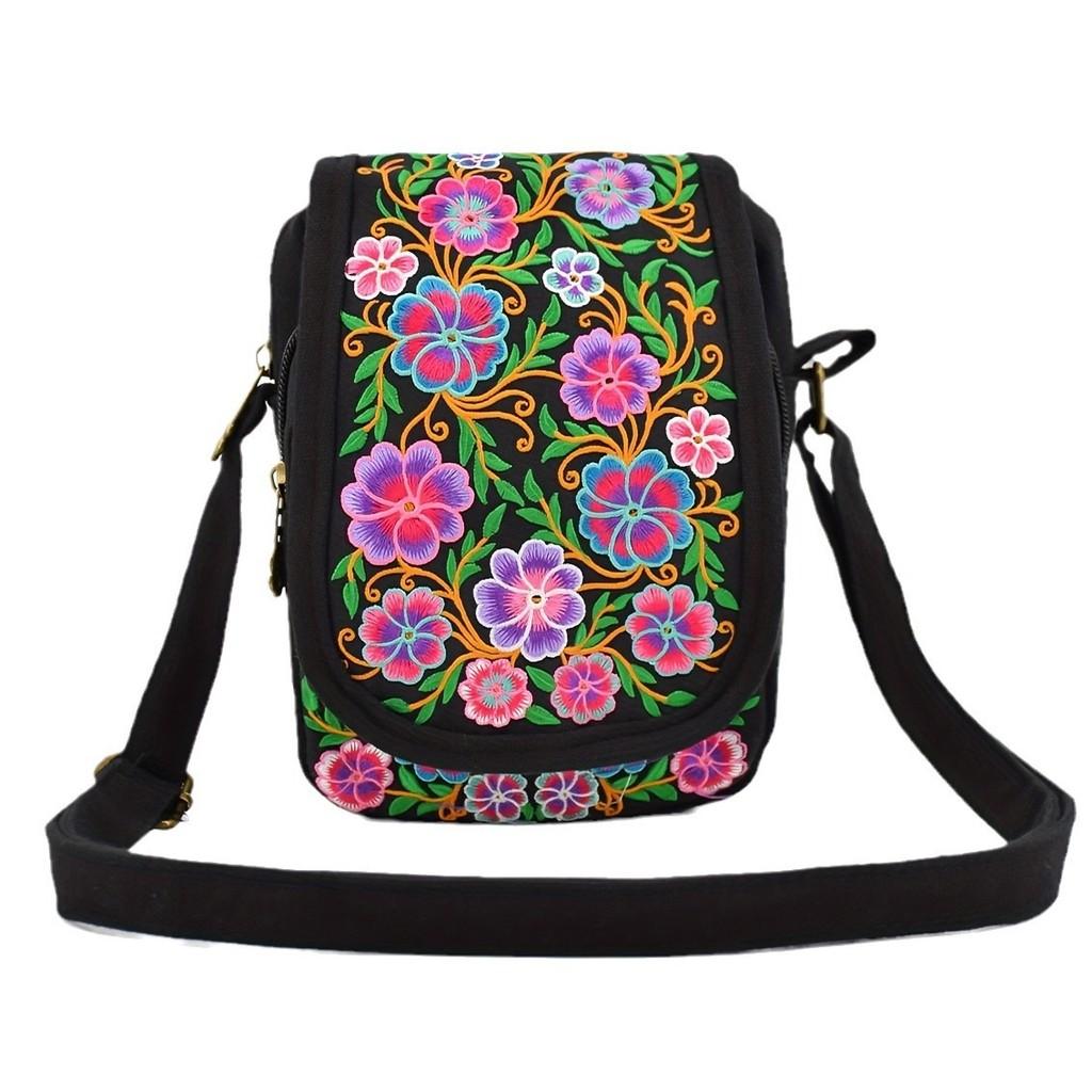 Vintage Chinese Style Embroidered Canvas Crossbody Bag With Multiple Pockets For Daily Use