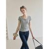 Gray Henry Neck Short Sleeve T-Shirt Women's Summer Irregular Slim Skinny Design Unique Shirt Top