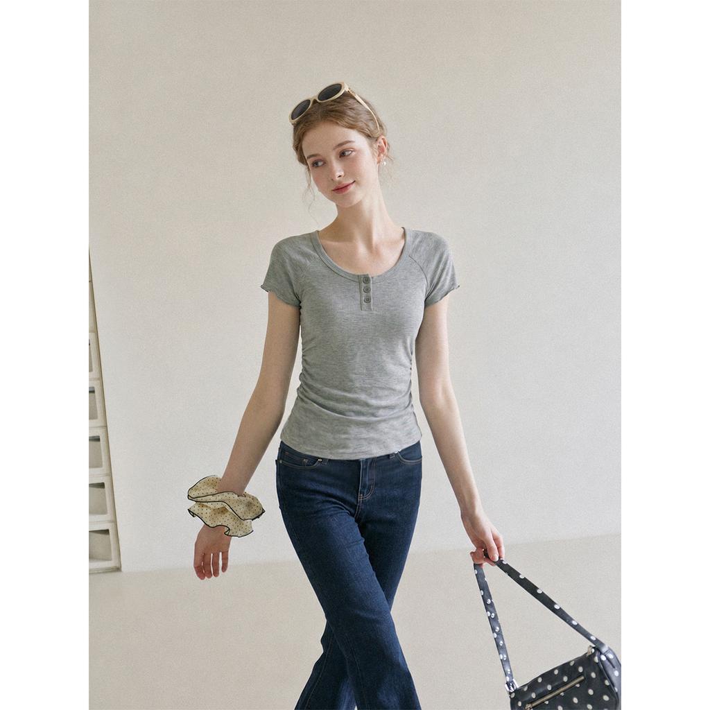 Gray Henry Neck Short Sleeve T-Shirt Women's Summer Irregular Slim Skinny Design Unique Shirt Top