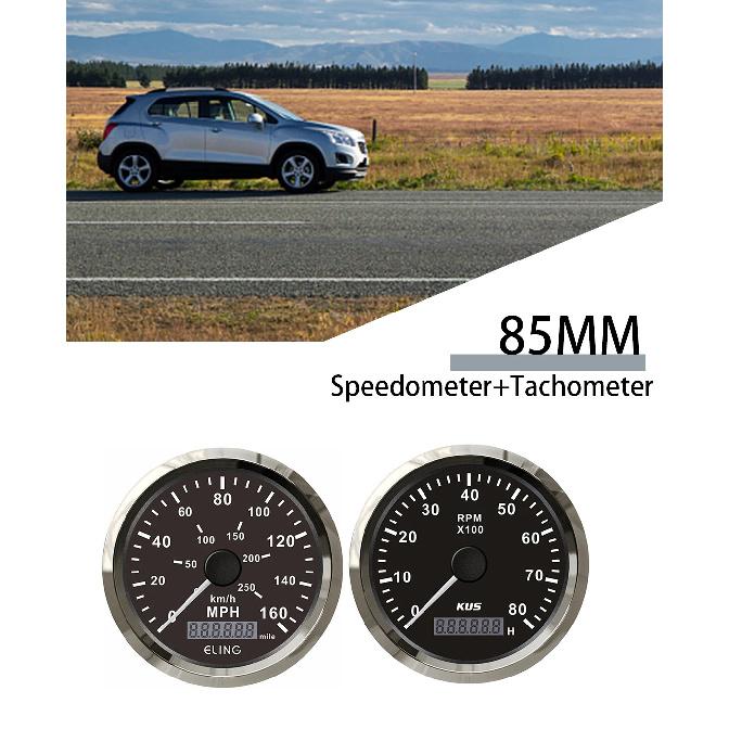 ELING 85mm 40 80 160 MPH Speedometer GPS Odometer Tachometer 3K 6K 8K RPM with LCD Hour Meter Red Yellow Backlights 12V 24V