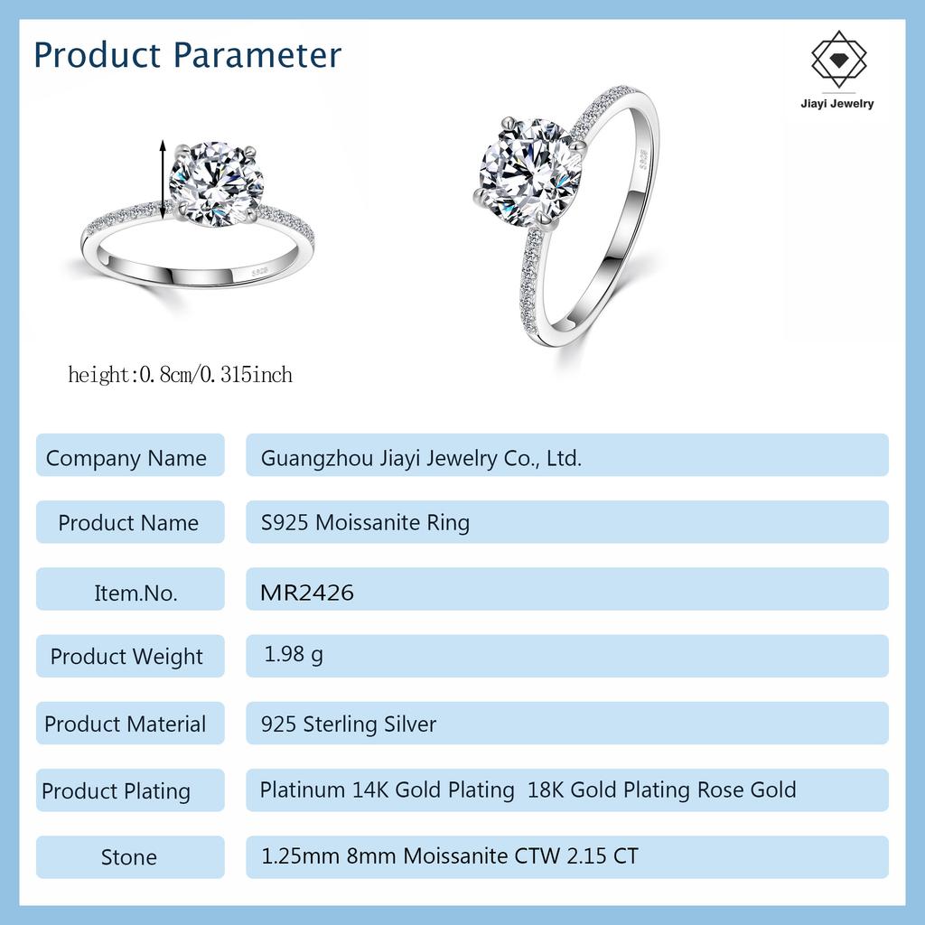 2.15 CTW S925 Sterling Silver Round Cut Moissanite Engagement Ring Pave Accent Solitaire Bridal Ring for Women