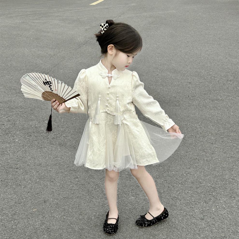 Girls New Chinese Spring Tulle Tassel Cheongsam Dress Baby Princess Party Dress Elegant Traditional Hanfu Outfit 90cm