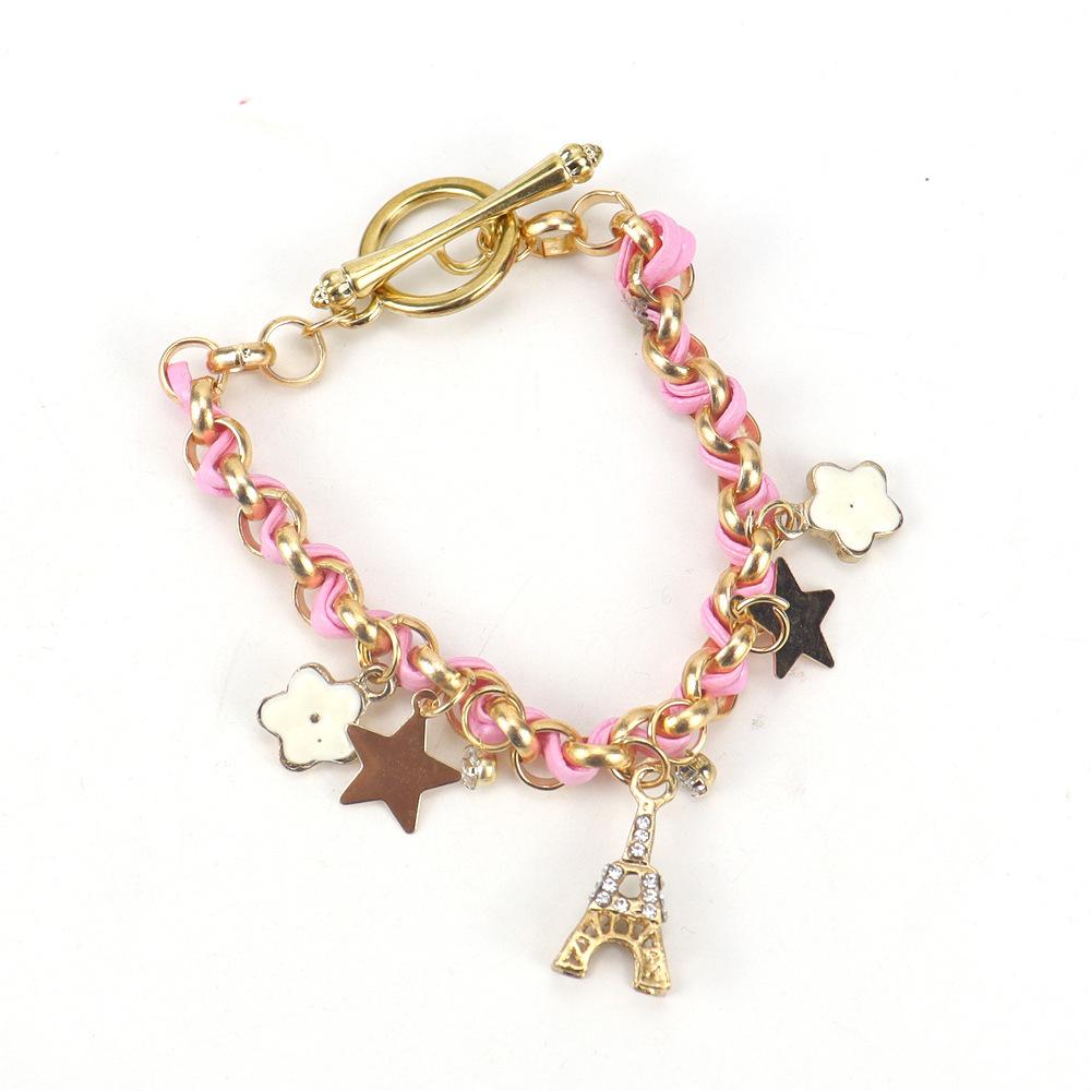

Leather Rope Beautiful Flower Iron Tower Diamond Star Bracelet B76