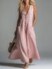 Women Solid Color Deep V Neck Patch Pocket Casual Irregular Long Dress