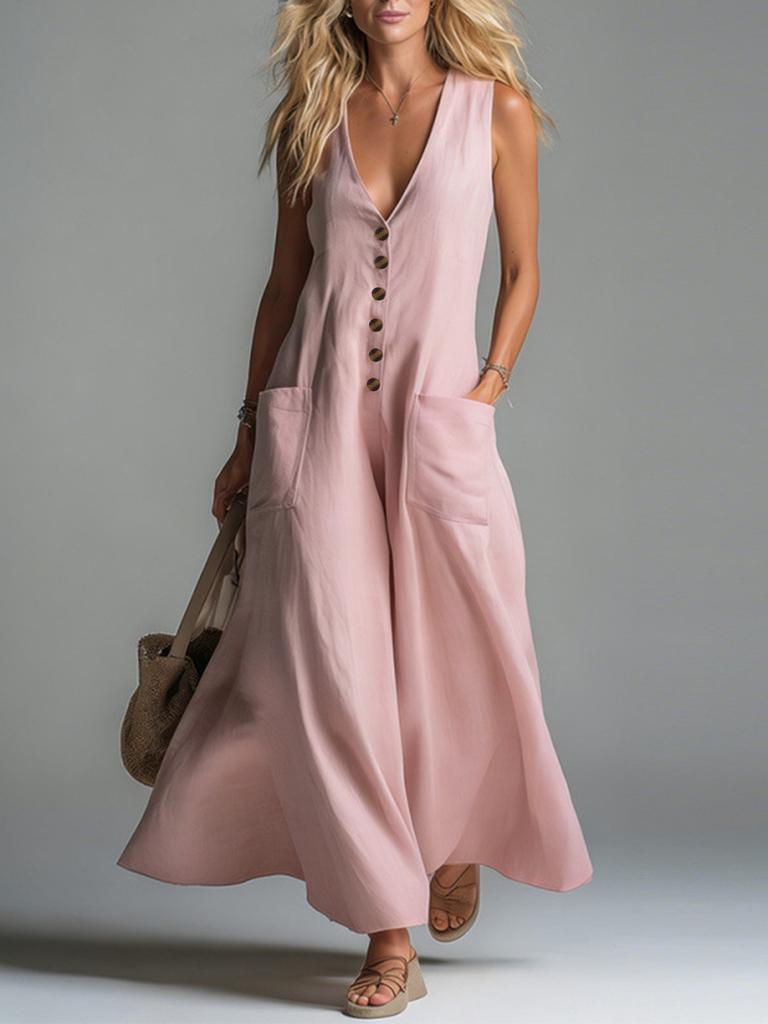 Women Solid Color Deep V Neck Patch Pocket Casual Irregular Long Dress
