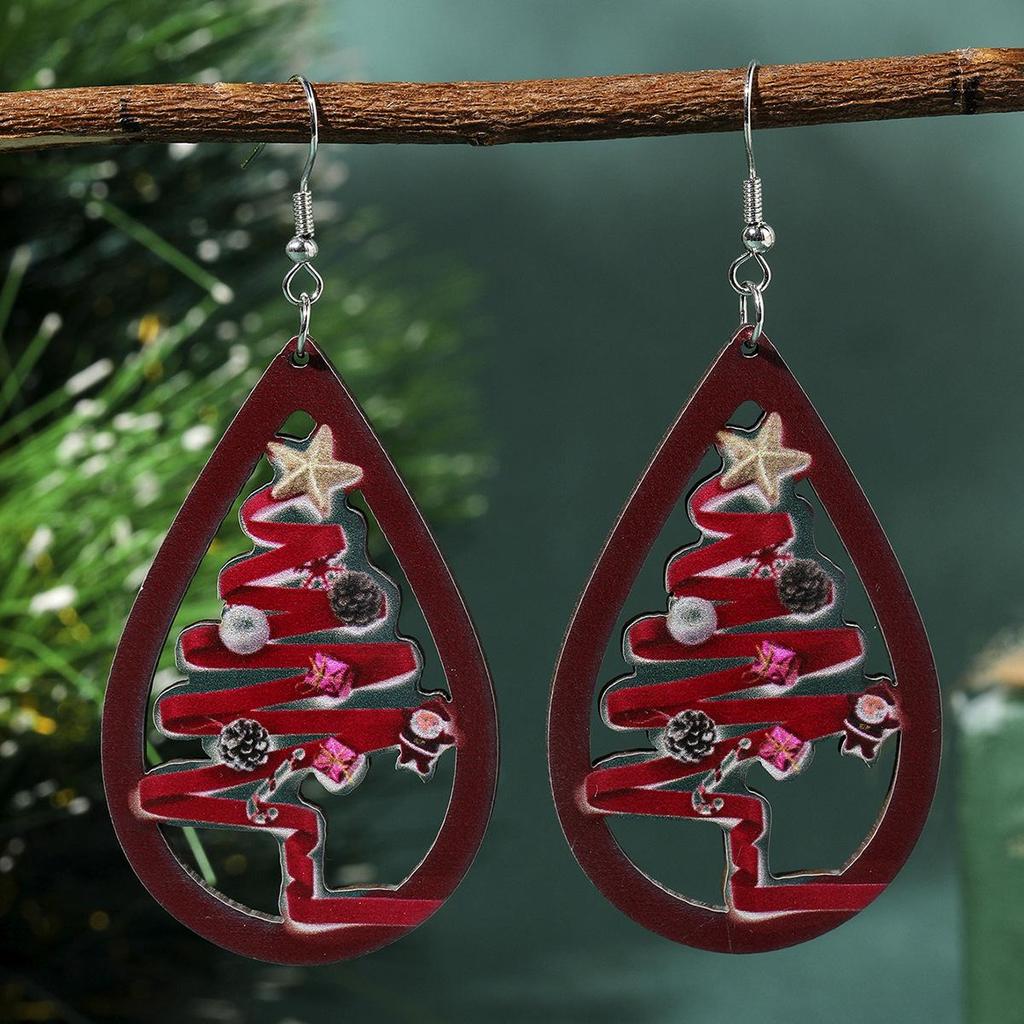 European & American Christmas Teardrop Earrings - Hollow Tree & Santa Design for Women