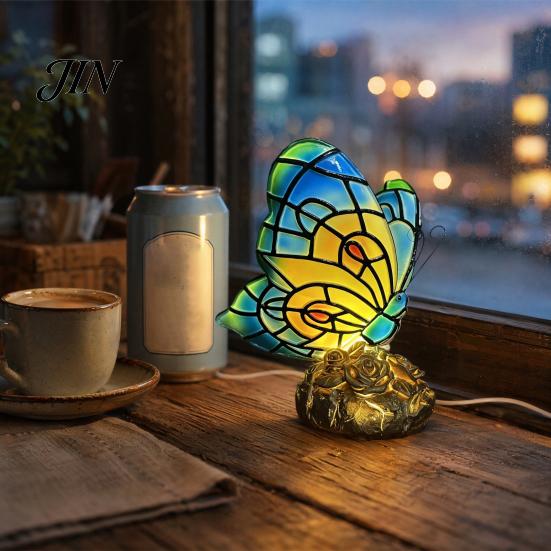 Study Desk Atmosphere Light Cute Bedside Table Lamp, Butterfly Rose Nightstand Lamps, Stained Glass Eye Protection Lamp Wing Shade, Bedroom Decor Home