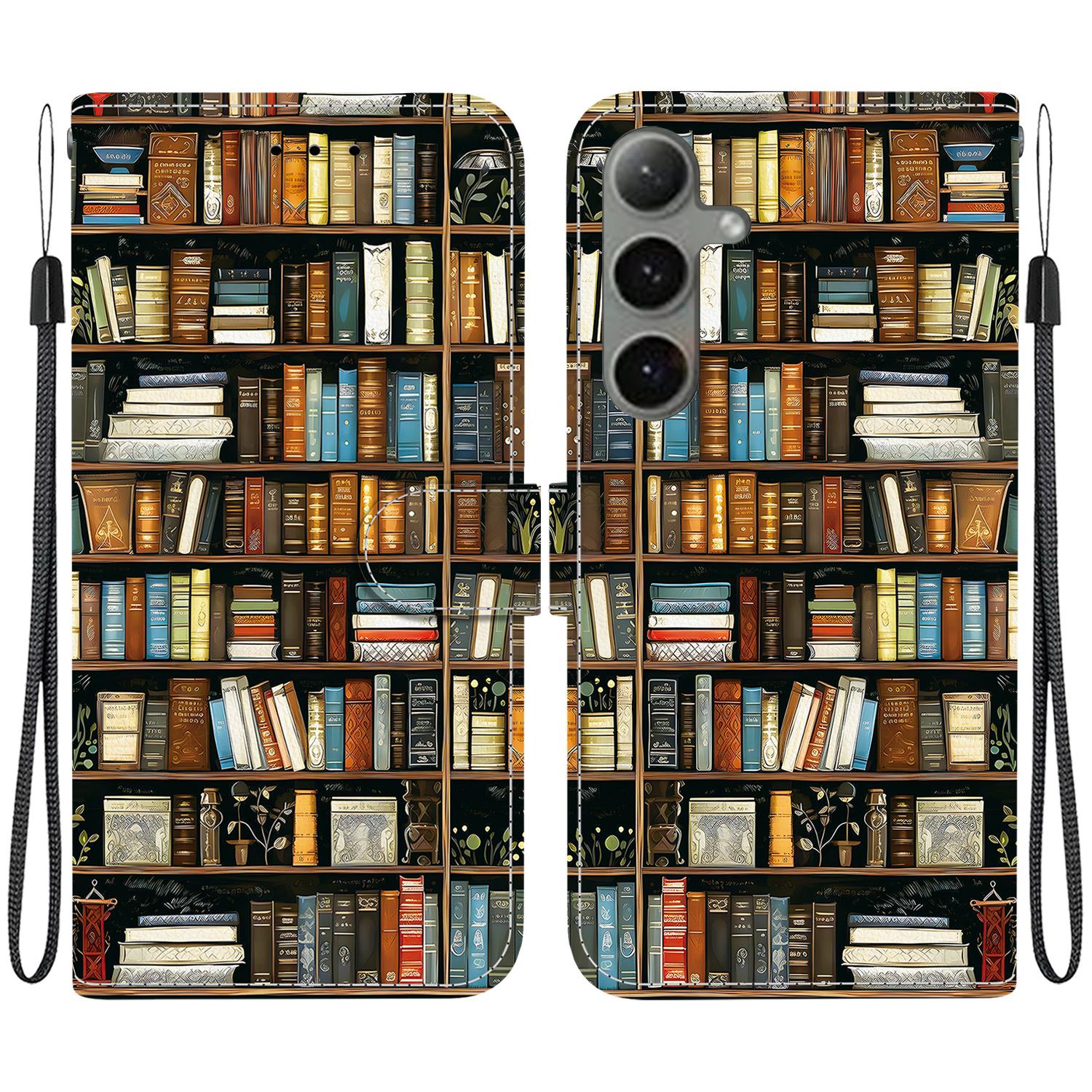 

For Samsung Galaxy S25/S24 Leather Case Stand Wallet Pattern Printing Phone Cover with Wrist Strap Bookshelf