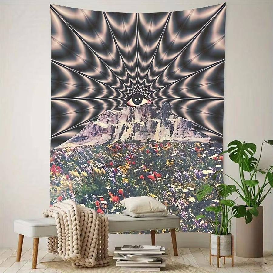 Psychedelic Eye Over Mountain and Flowers Wall Tapestry Surreal Wall Hanging All-Seeing Eye Tapestry Printing Wall Tapestry
