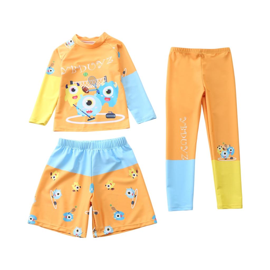 Dreiteiliges Jungen-Badebekleidungsset Langarm-Rashguard Badeshirt Badeshorts und Badehosen Cartoon-Print Leicht Schnelltrocknend