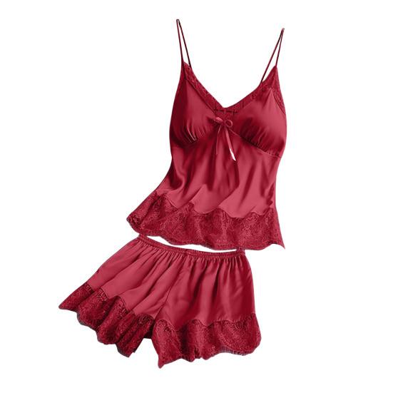 Women's Satin Pajamas Set Lace Cami Top And Shorts Two Piece Sleepwear with Built-in Bra Sexy Camisole Lounge Set