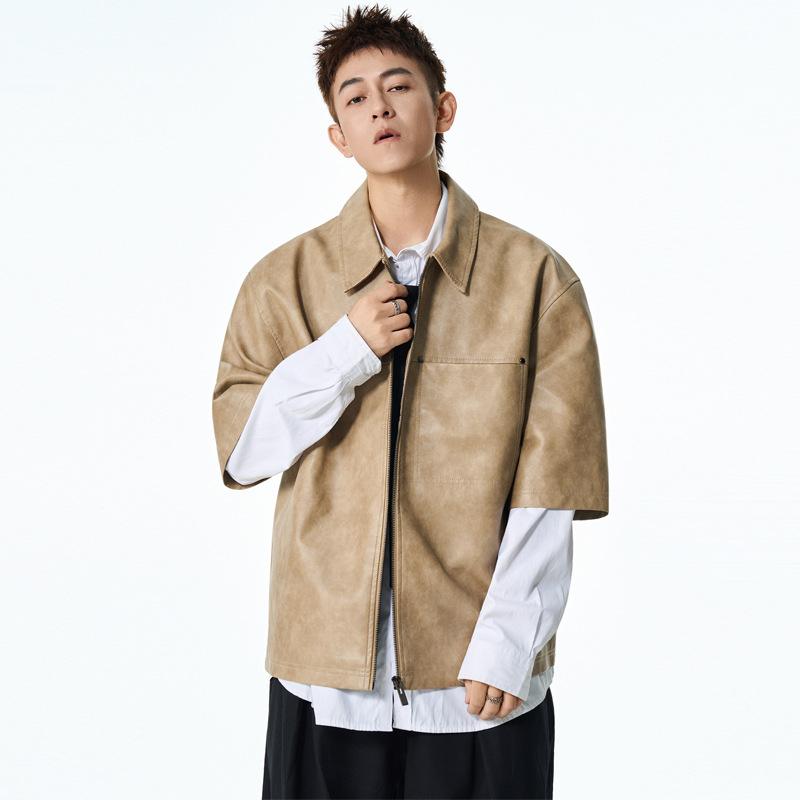 Trendy brand new European and American personalized fashion short-sleeved lapel leather jacket, American retro men's short sleeves