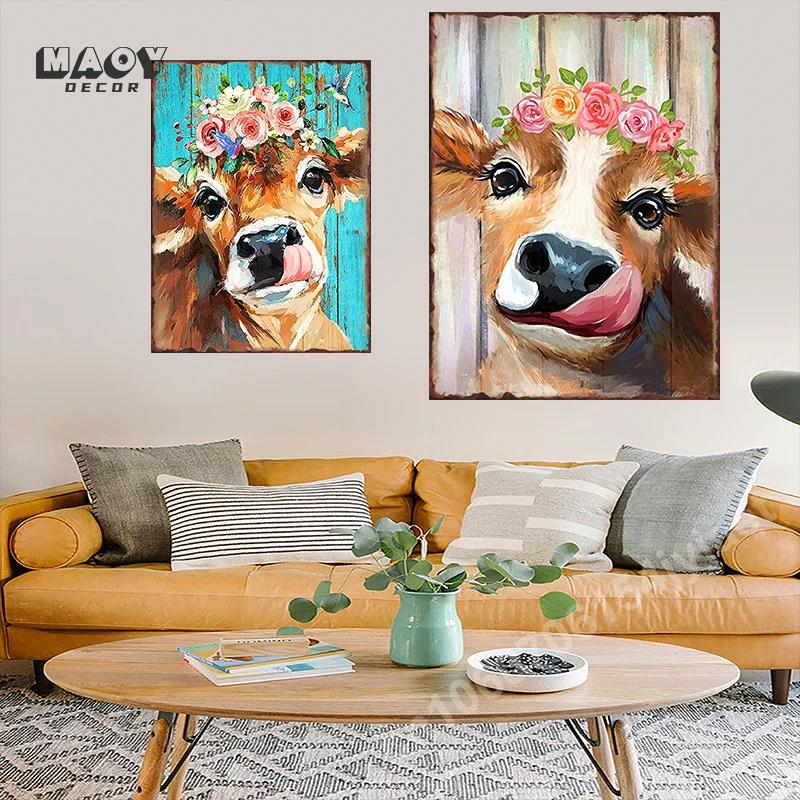 Fun Cattle Iron Plate Poster Farm Metal Tin Sign Pet Shop Garden Hanging Paintings Cute Cow Pattern Home Wall Decoration Plaque