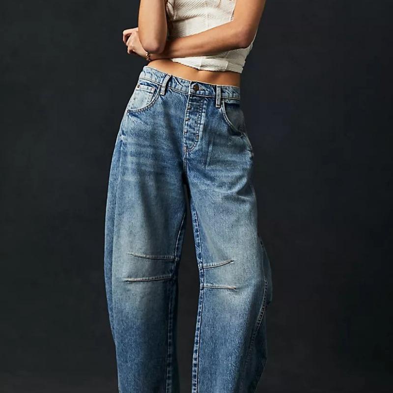 Jeans larghi a gamba larga, jeans lavati a vita medio-bassa da donna