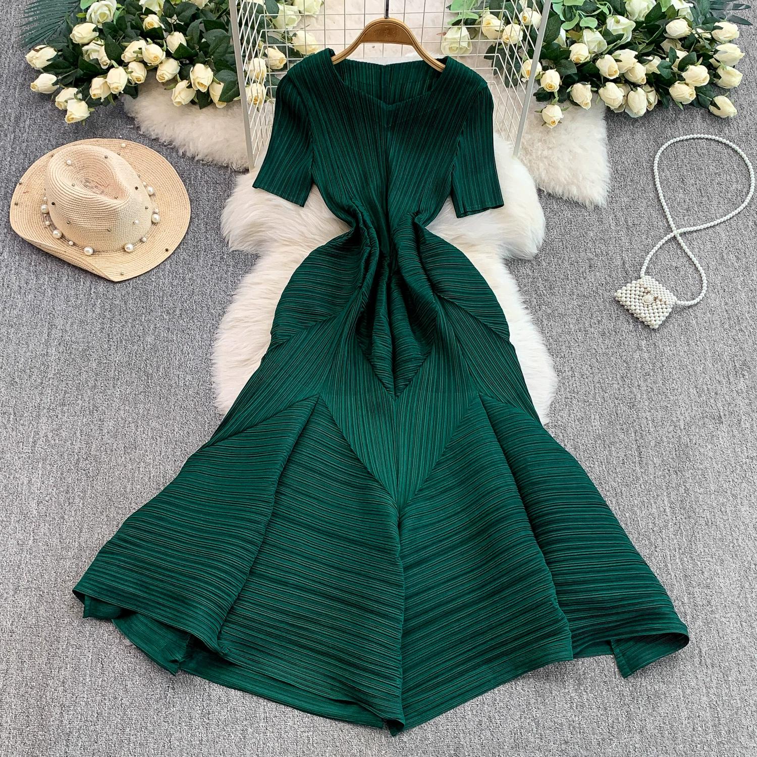 

Летние женские повседневные платья больших размеров Miyake Folds, оверсайз, свободные, длинные, макси, плиссированные, домашние One size темно-зеленого