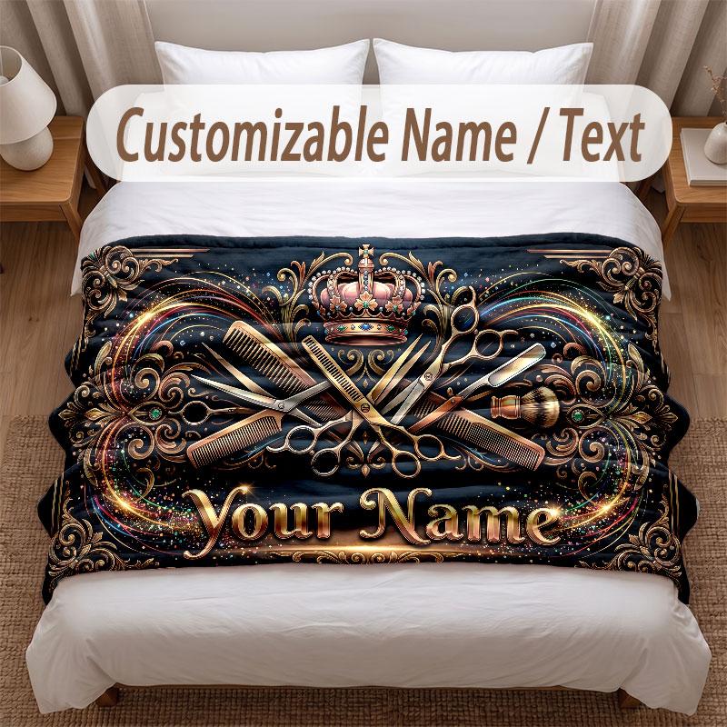 Barber Salon Theme Soft Blanket Personalized Custom Name Text Print Warm Blanket Home Sofa Bedroom Decor