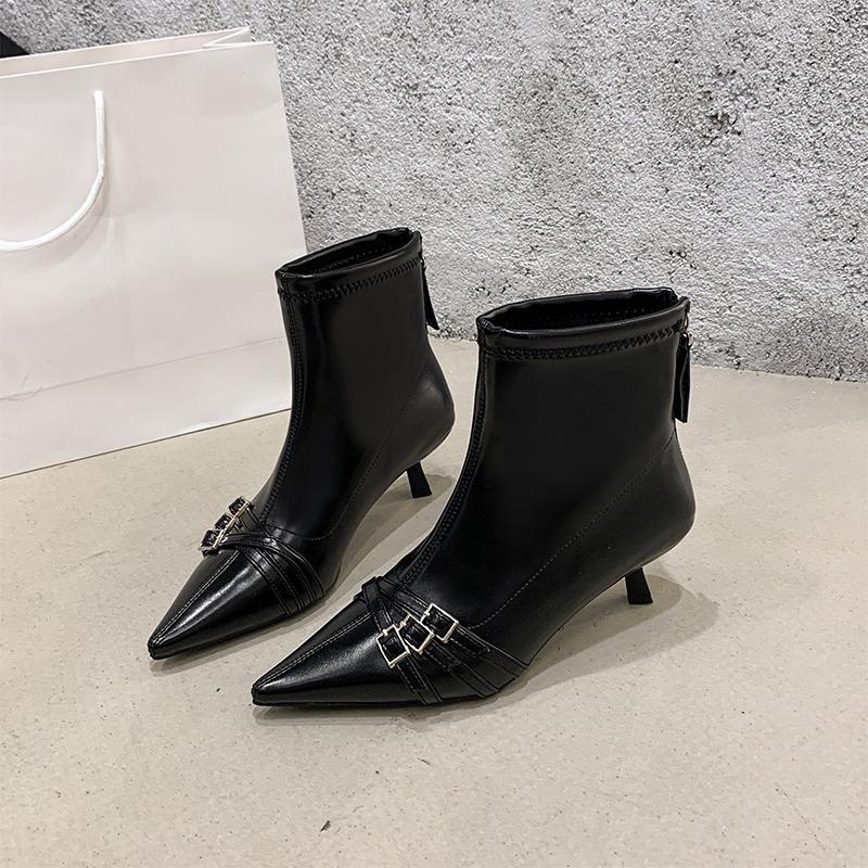 Pointed Toe Stiletto Heel Booties 2025 Autumn and Winter New Belt Buckle Sexy French Celebrity Temperament Fashion Boots