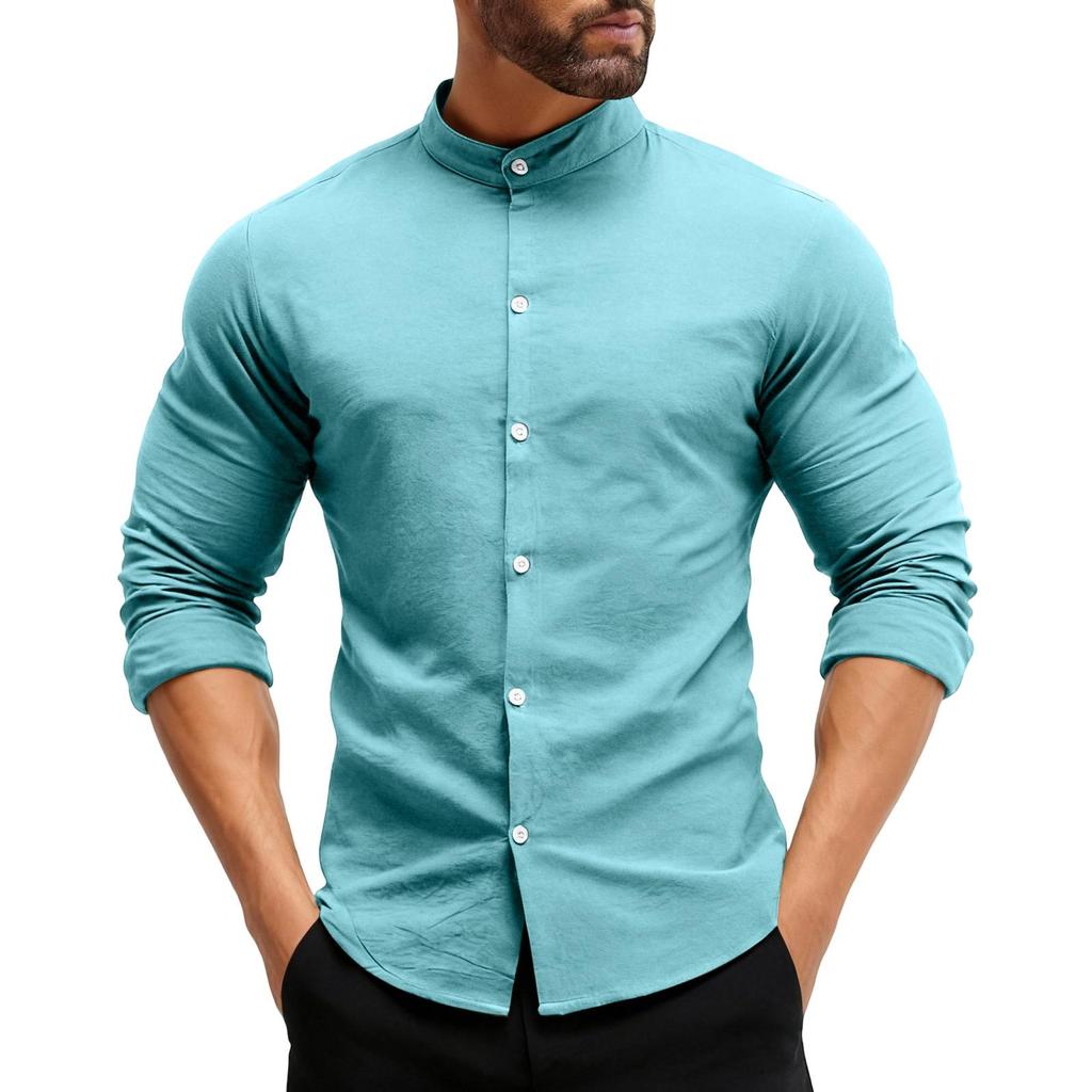 Herren Casual Einfarbig Stehkragen Knopf Strickjacke Herren Casual Langarm Baumwollhemd