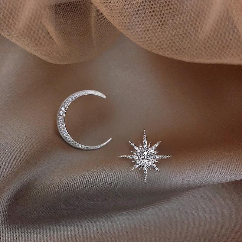 Star Moon Earrings Korean Version Asymmetrical High Sense Earring Fashion Prevent Allergy Exquisite Ear Nail