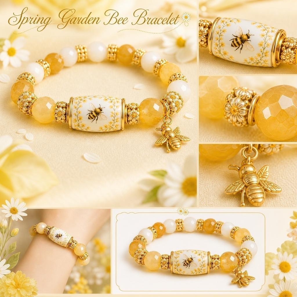 Spring Garden Bee Bracelet Stretch Beaded Jewelry with Detailed Bee Charm and Floral Design for Everyday Wear and Gift Giving