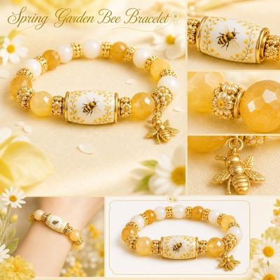 Frühlingsgarten Bienenarmband Elastisches Perlenarmband mit detailliertem Bienenanhänger und floralem Design für den Alltag und als Geschenk